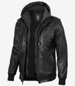 Veste en cuir noir pour homme avec capuche amovible grise