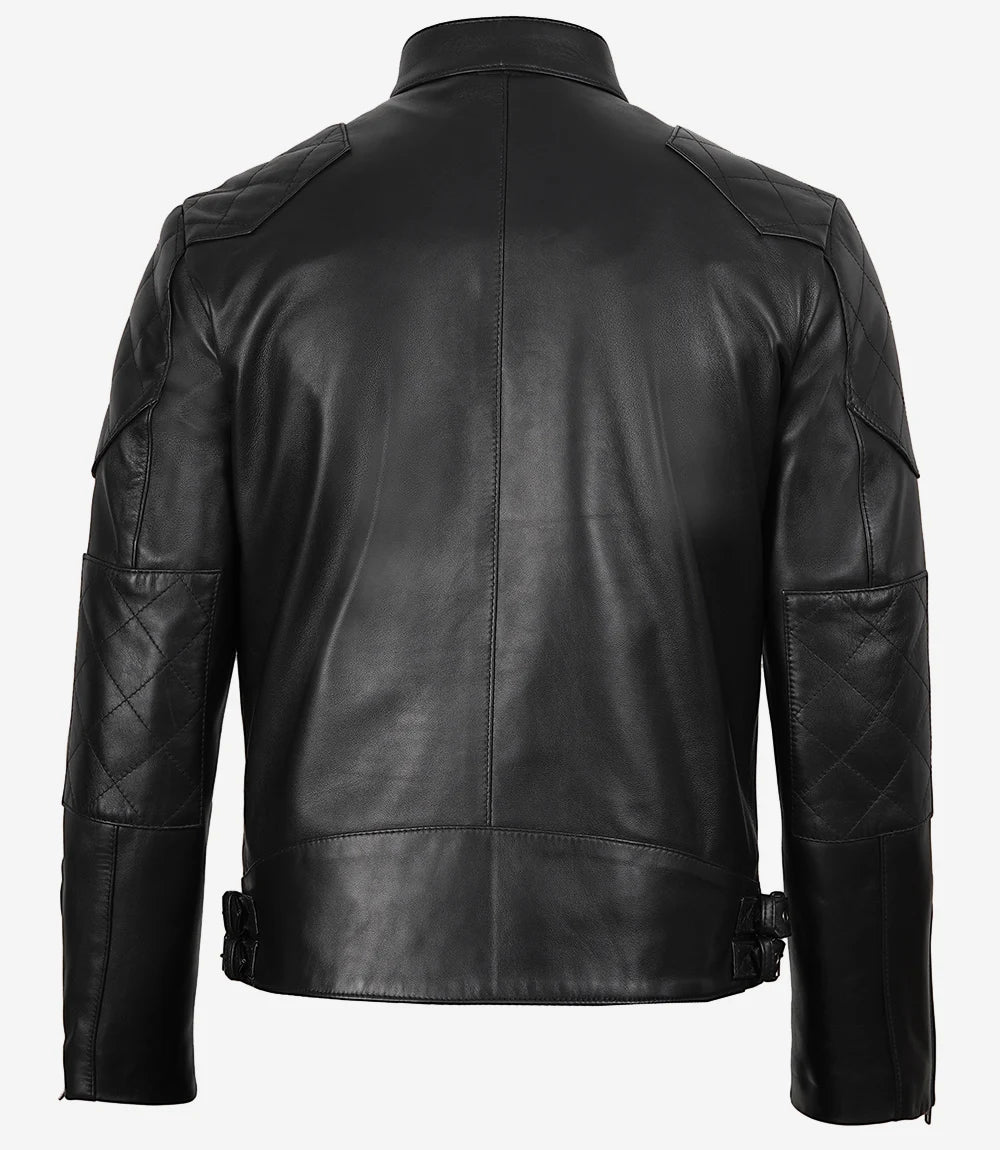 Veste de motard noire en cuir véritable pour homme