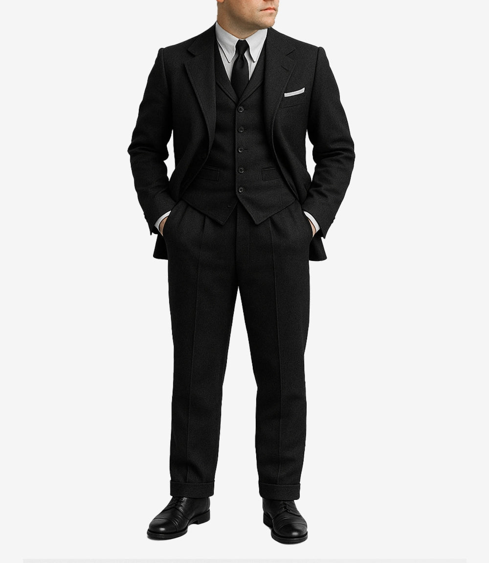 Men's Black Wool 3-Piece Suit — Notch Lapel, 1920s Style