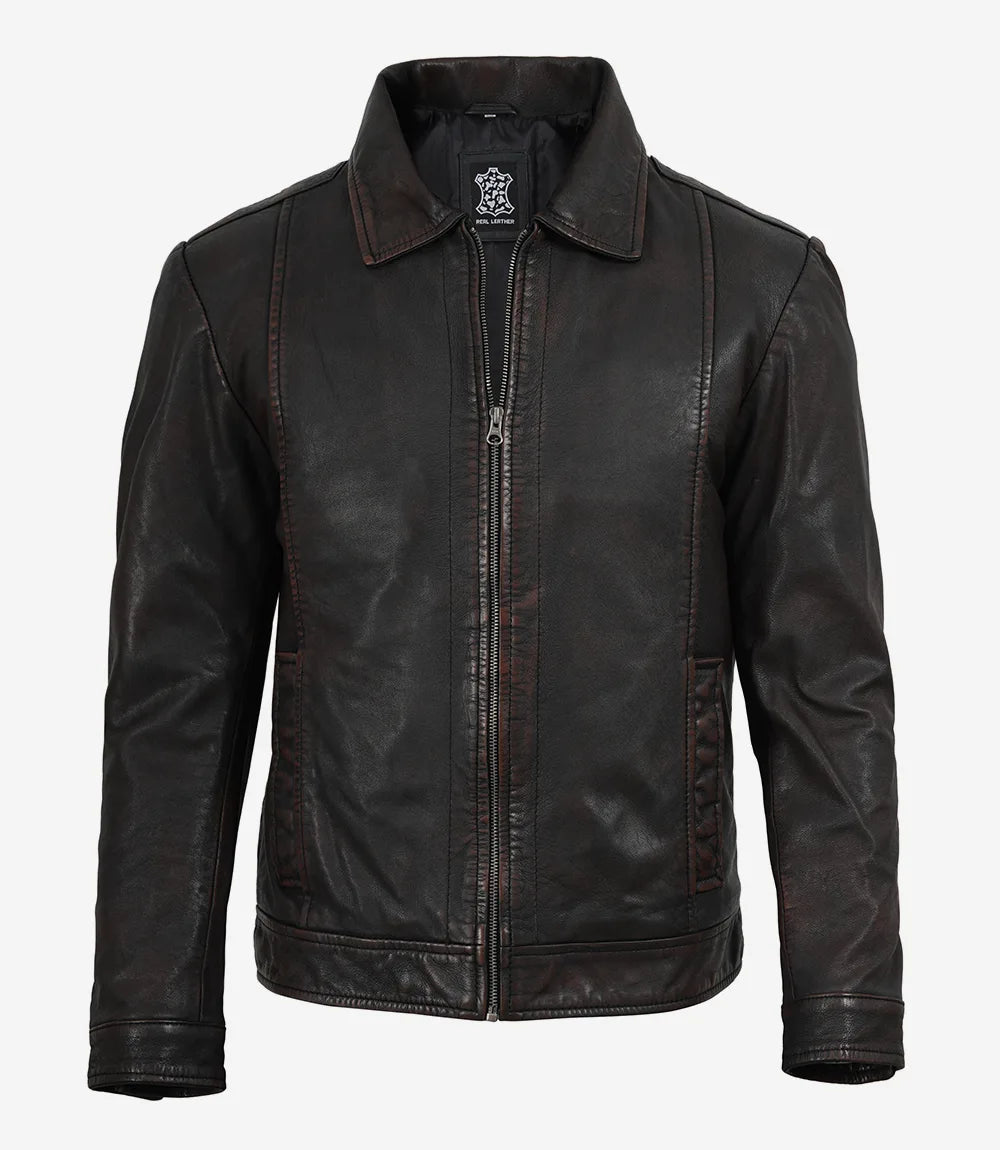 Men's Black Distressed Leather Jacket with Maroon Undertone
