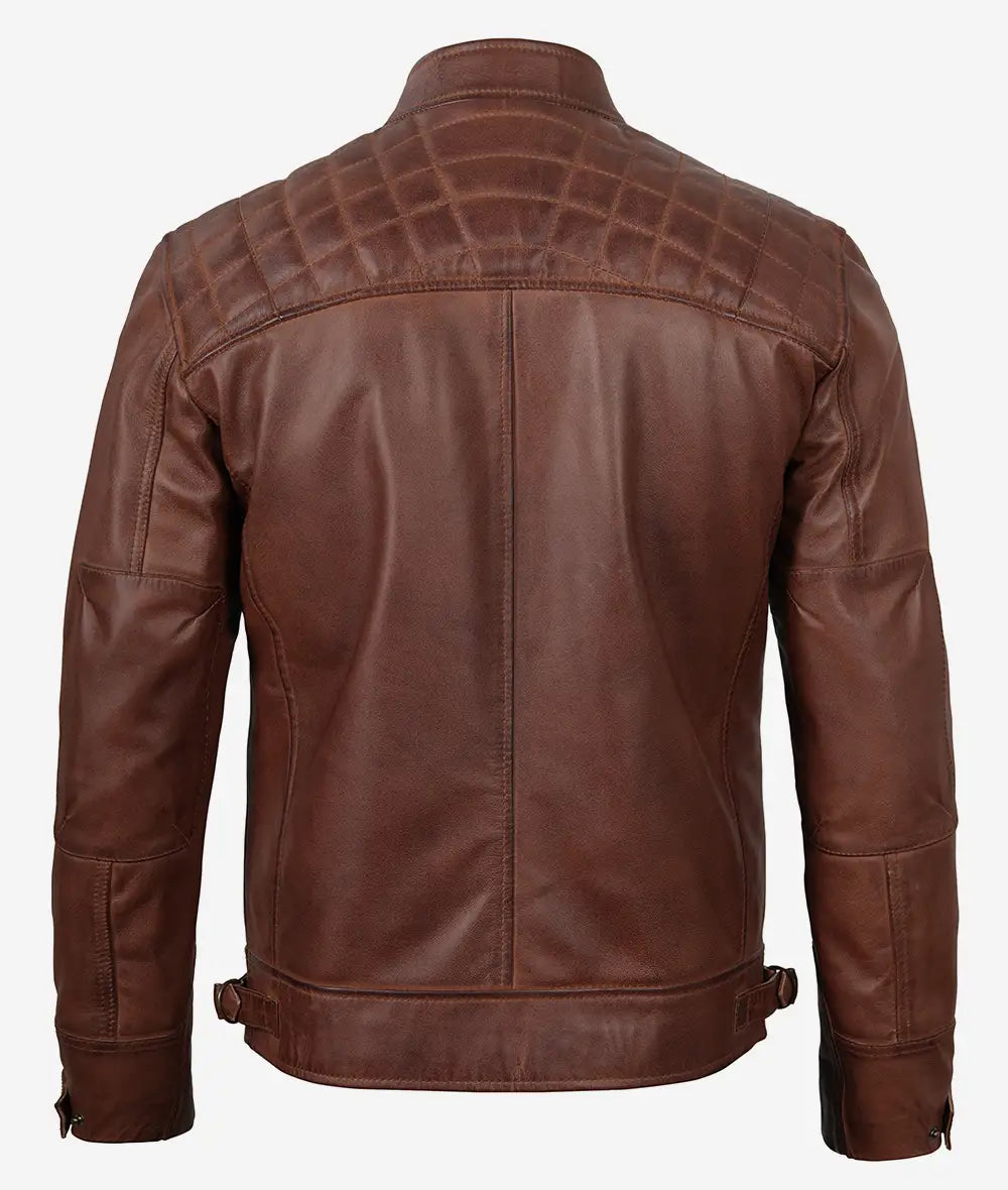Veste en cuir matelassée style motard marron cognac pour homme
