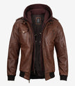 Brown Leather Bomber Jacket With Hood