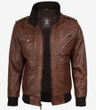 Blouson aviateur en cuir cognac pour homme avec capuche amovible