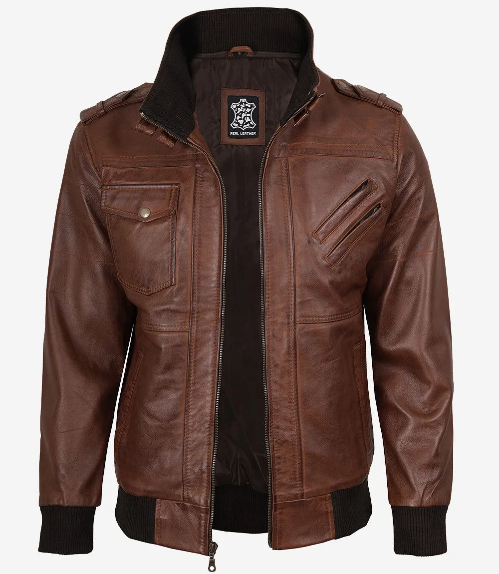Blouson aviateur en cuir cognac pour homme avec capuche amovible