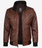 Blouson aviateur en cuir cognac pour homme avec capuche amovible