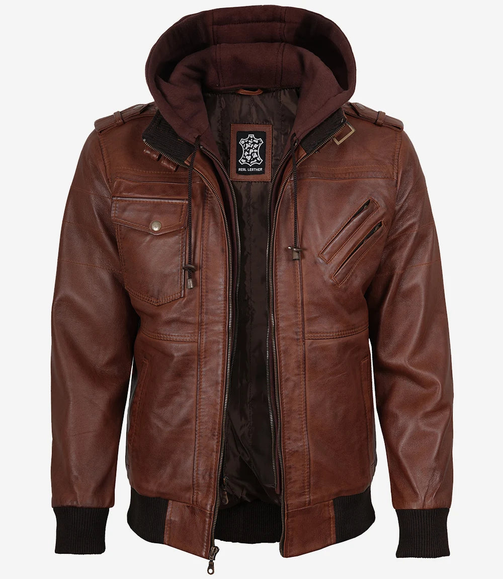 Blouson aviateur en cuir cognac pour homme avec capuche amovible