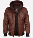 Blouson aviateur en cuir cognac pour homme avec capuche amovible