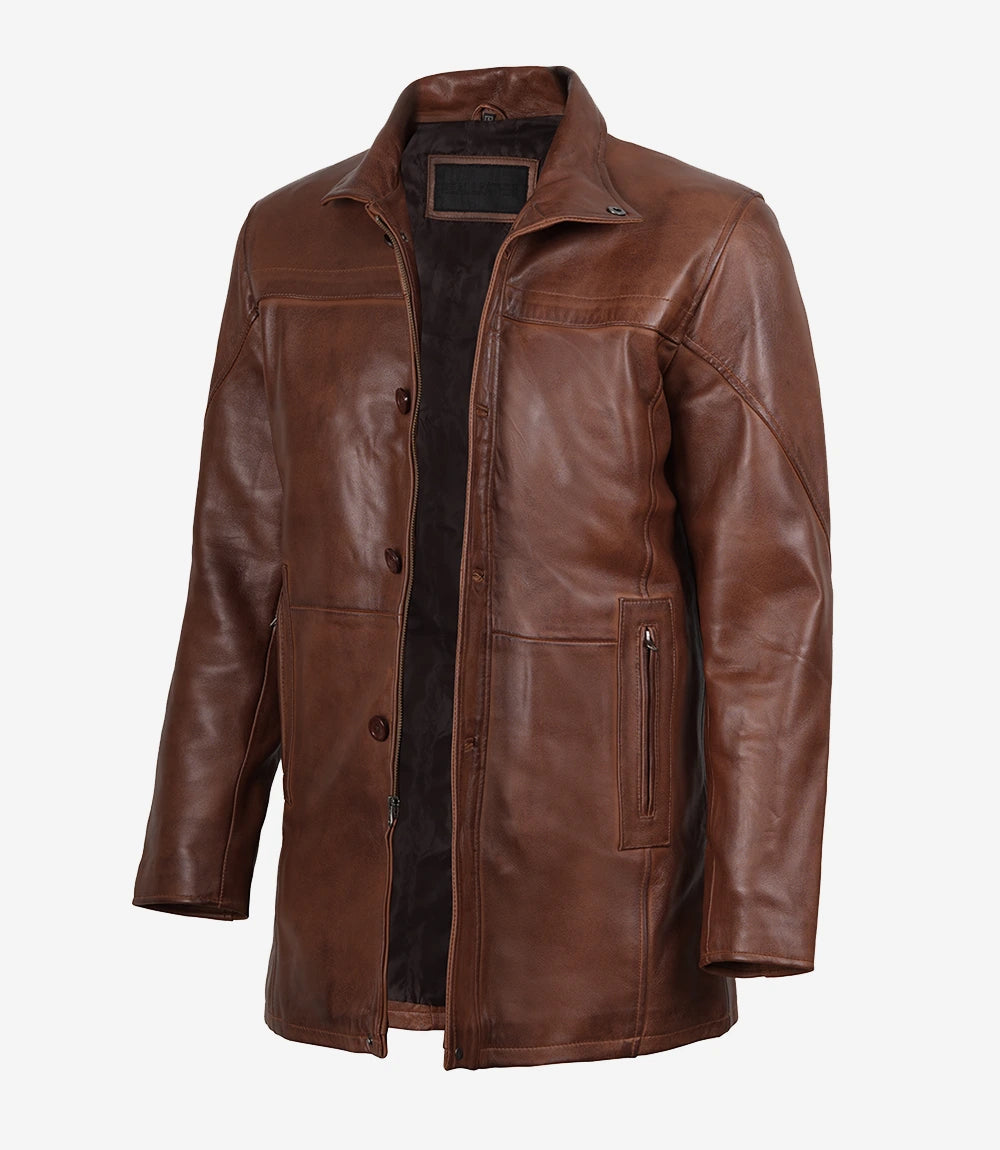 Mens Brown Leather Car Coat