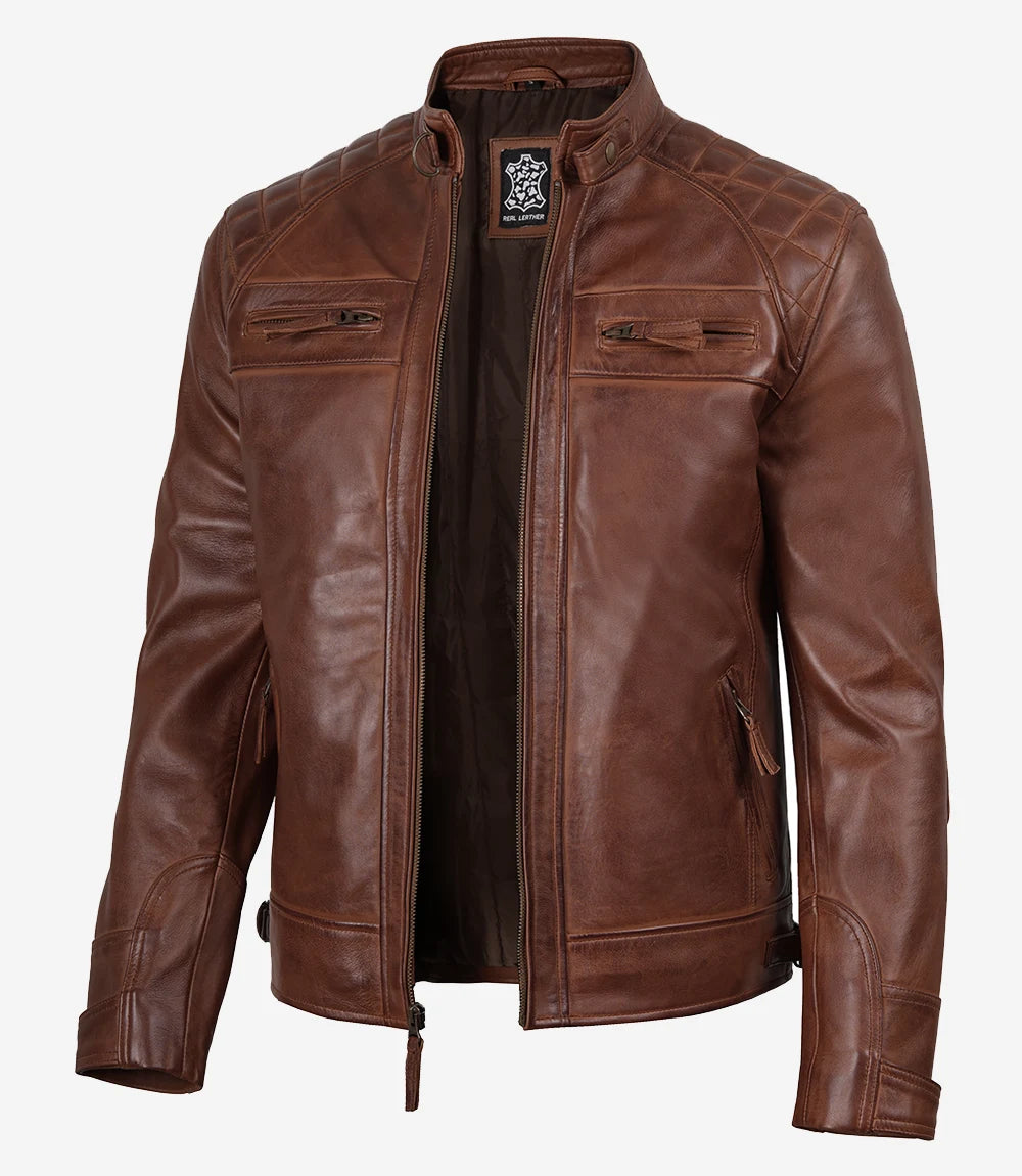 Veste en cuir matelassée style motard marron cognac pour homme
