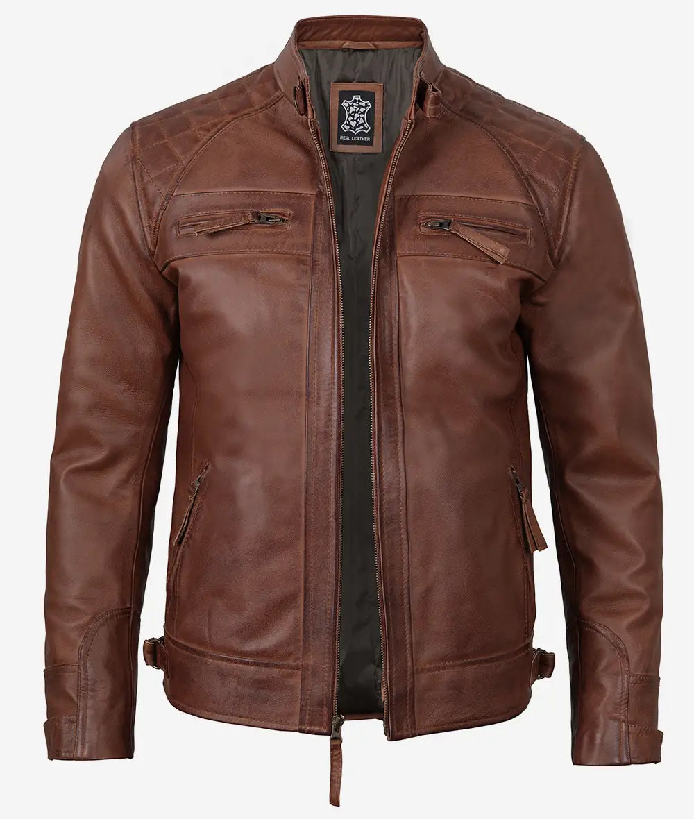Veste en cuir matelassée style motard marron cognac pour homme