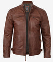 Veste en cuir matelassée style motard marron cognac pour homme