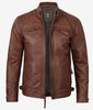 Veste en cuir matelassée style motard marron cognac pour homme