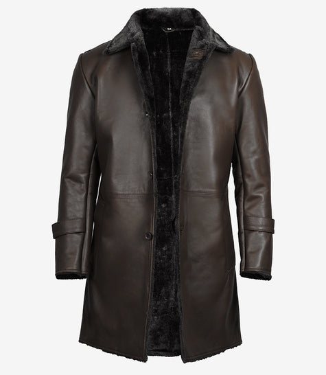 Mens Shearling Lined 3 4 Length Dark Brown Leather Coat