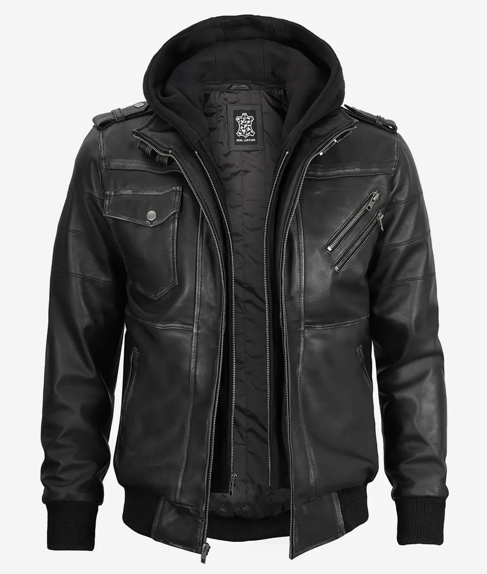 Mens Grey Leather Bomber Jacket With Removable Hood