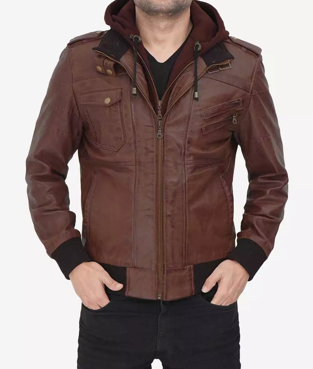 Mens Tall Dark Brown Bomber Leather Jacket with Removable Hood