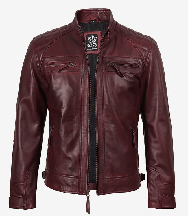 Veste motard bordeaux en cuir véritable pour homme - Épaules matelassées
