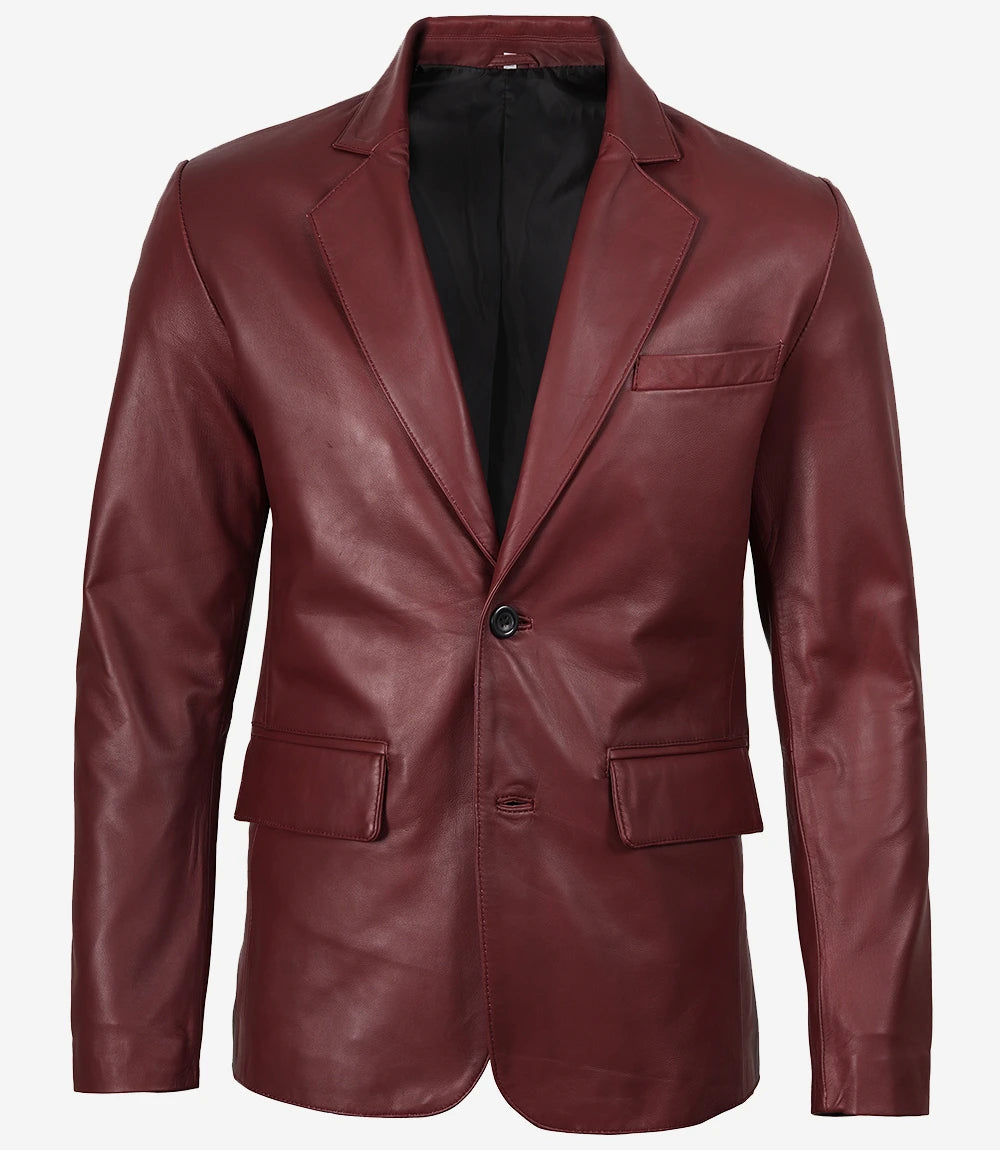 Blazer en cuir marron à revers crantés pour homme – Deux boutons