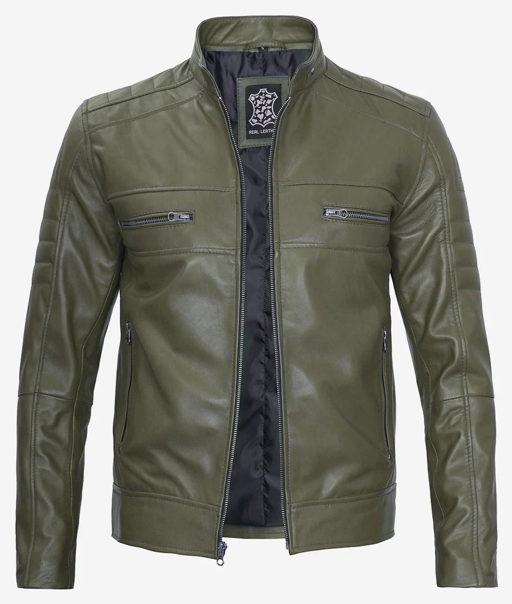Mens Green Cafe Racer Leather Jacket