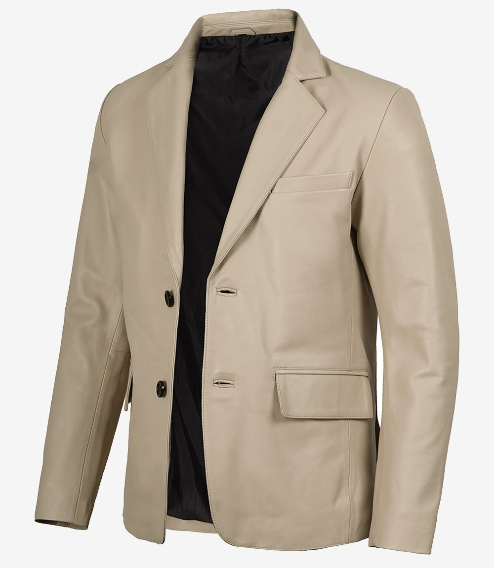 Mens Two Button Beige Leather Blazer