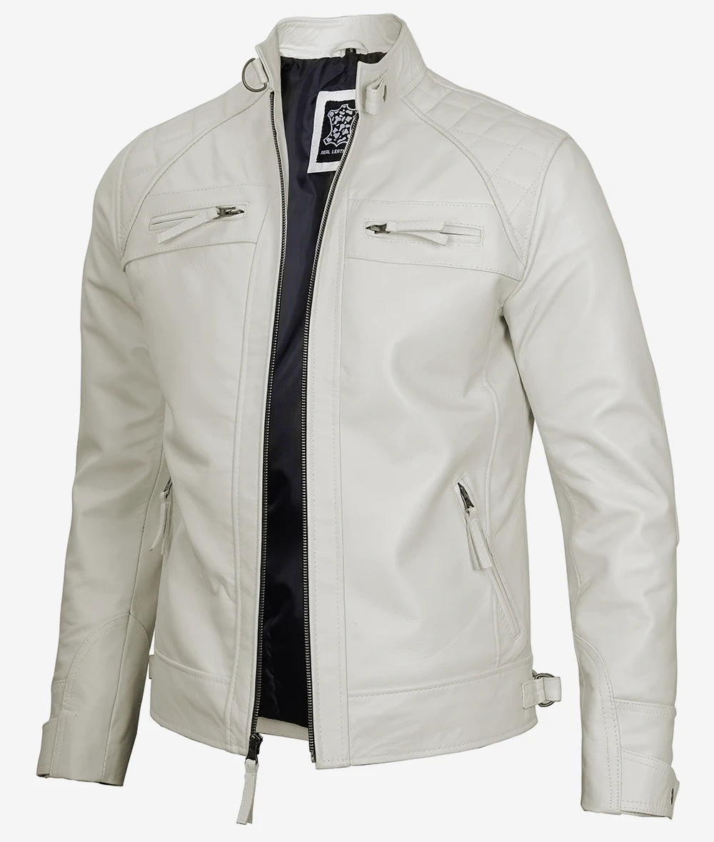 Mens Quilted Shoulder White Cafe Racer Leather Jacket