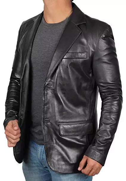 Mens Tall Two Button Black Leather Blazer