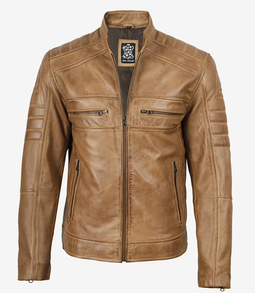 Veste en cuir marron camel style motard pour homme
