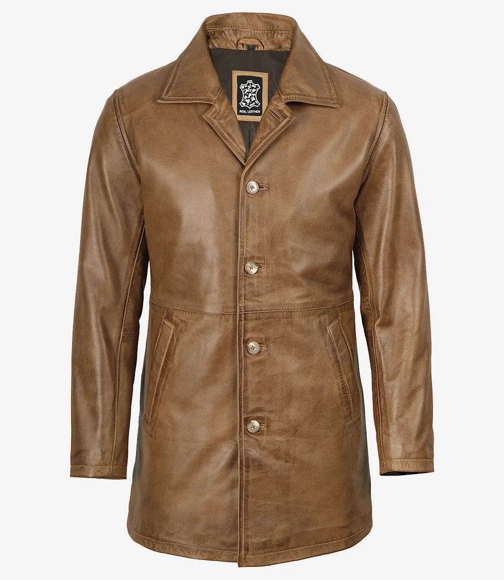 Manteau 3/4 en cuir marron camel pour homme