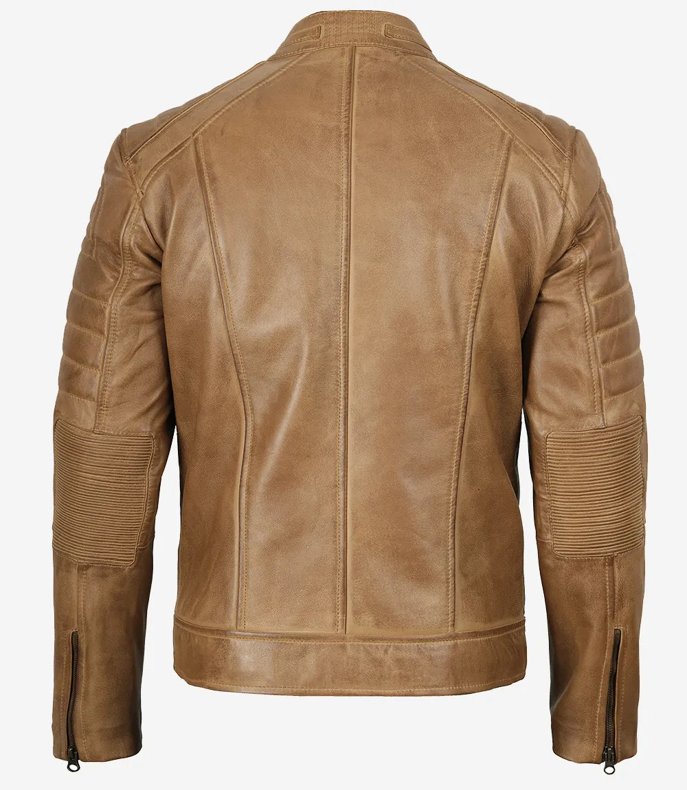 Veste en cuir marron camel style motard pour homme