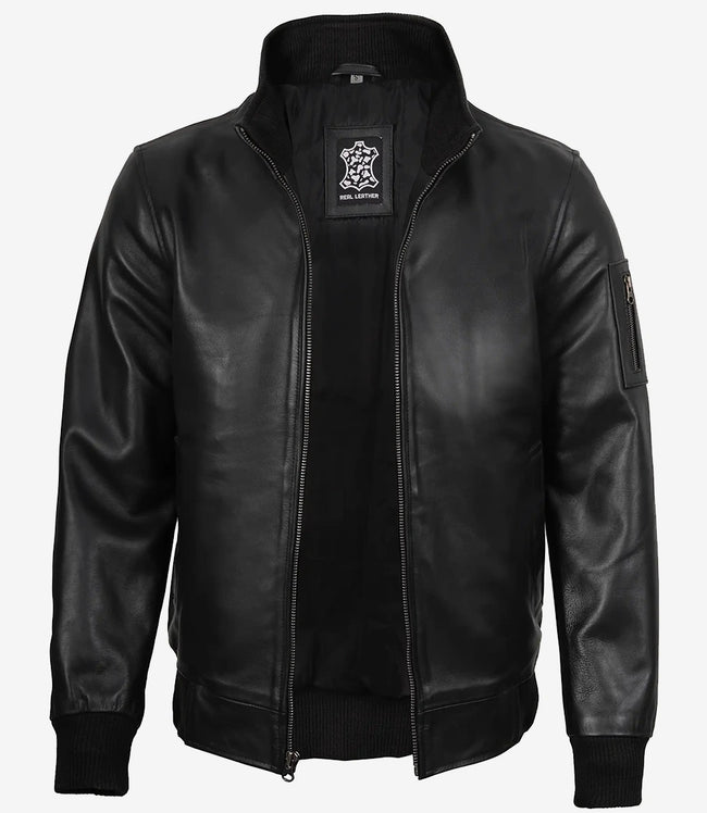 Blouson aviateur en cuir de vache noir pour homme