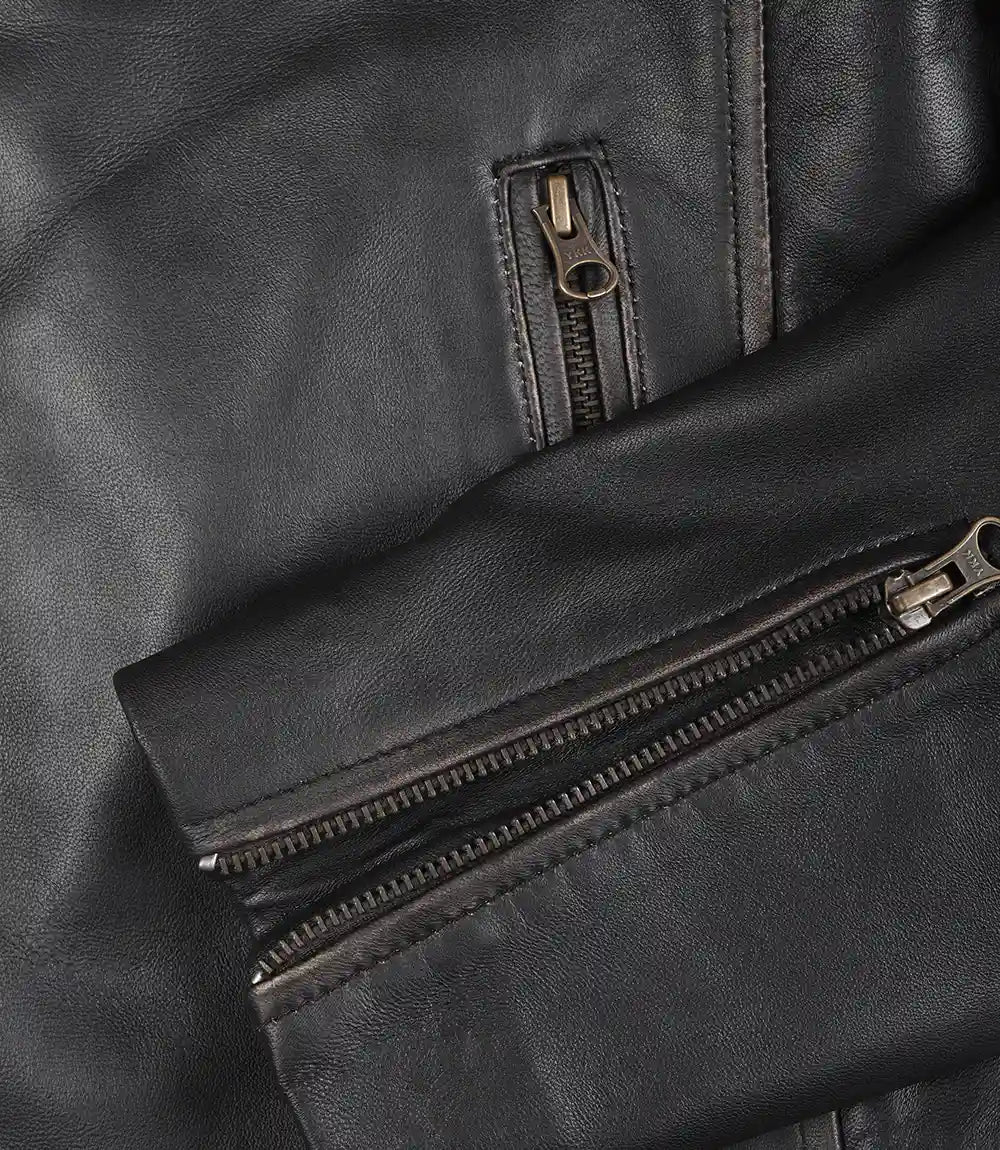 Veste motard marron vieillie en cuir véritable pour homme
