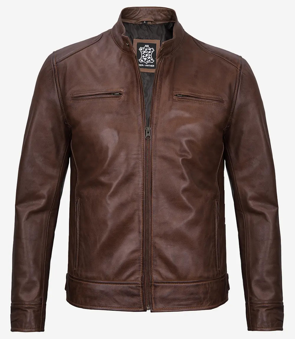 Veste en cuir style motard cognac pour homme