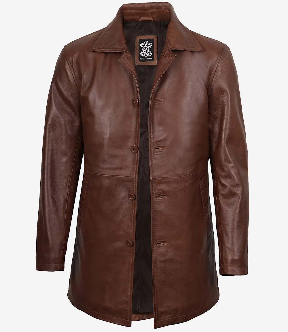 Manteau boutonné en cuir véritable pour homme, couleur cognac