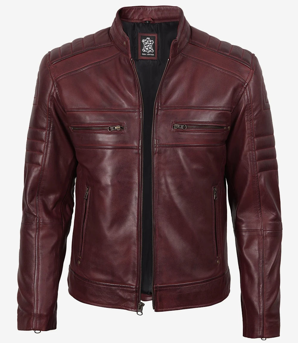 Veste en cuir bordeaux style motard pour homme