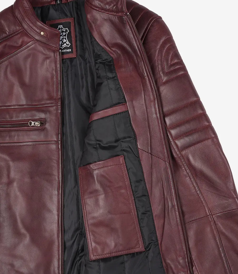 Veste en cuir bordeaux style motard pour homme