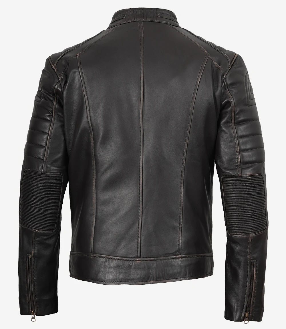 Veste motard marron vieillie en cuir véritable pour homme
