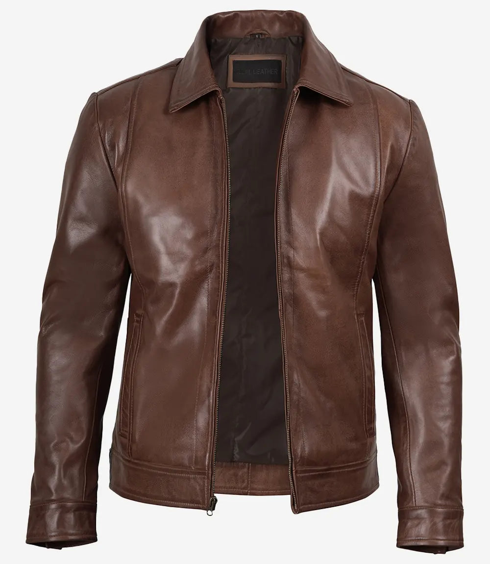 Veste en cuir véritable Reeves Harrington Cognac pour homme 