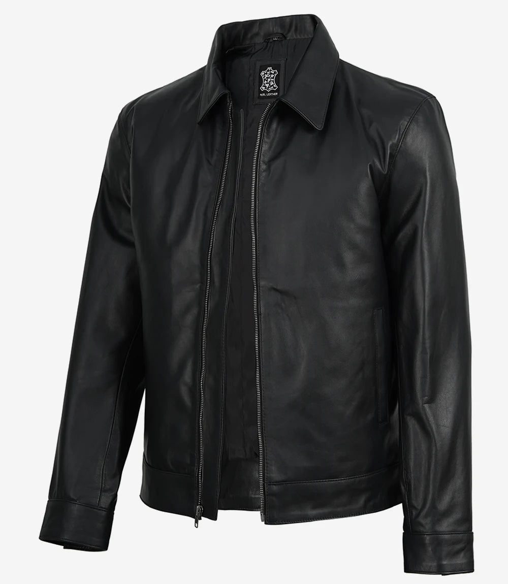 Michael Men's Black Cowhide Leather Jacket with Shirt Collar