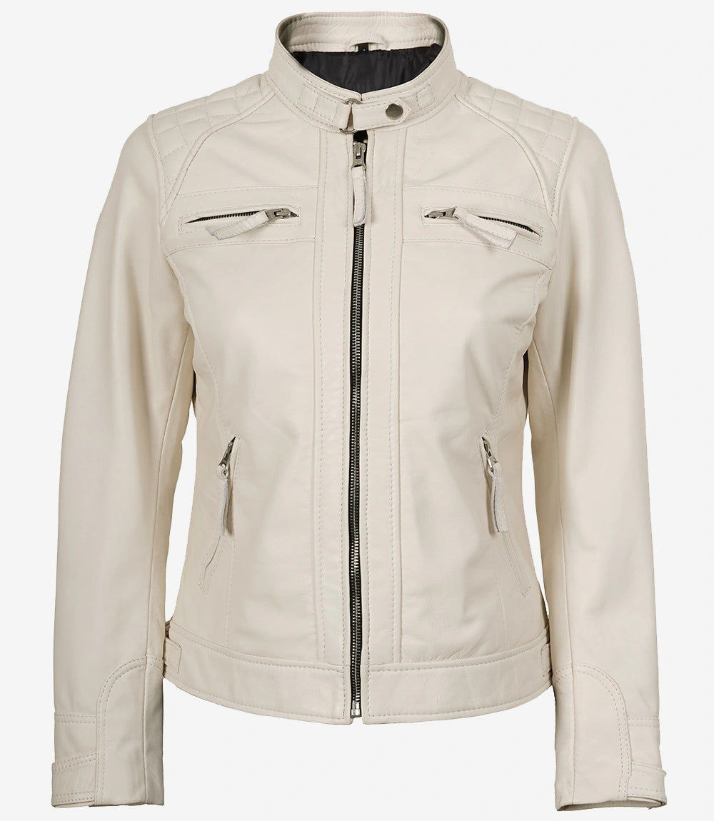 Veste motard matelassée en cuir d'agneau véritable pour femme, blanc cassé