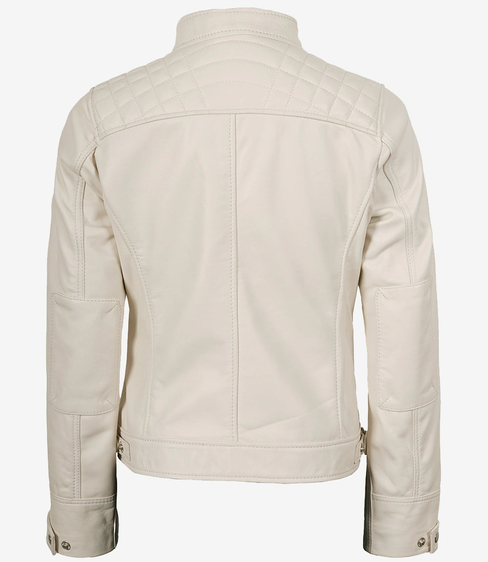 Veste motard matelassée en cuir d'agneau véritable pour femme, blanc cassé