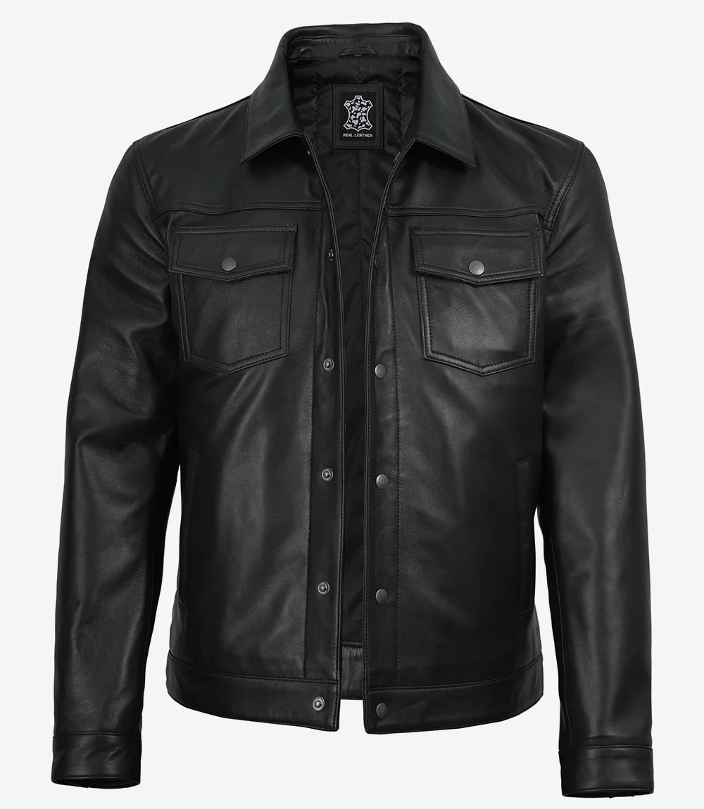 Men’s Premium Black Leather Shirt Jacket | Snap-Button Front