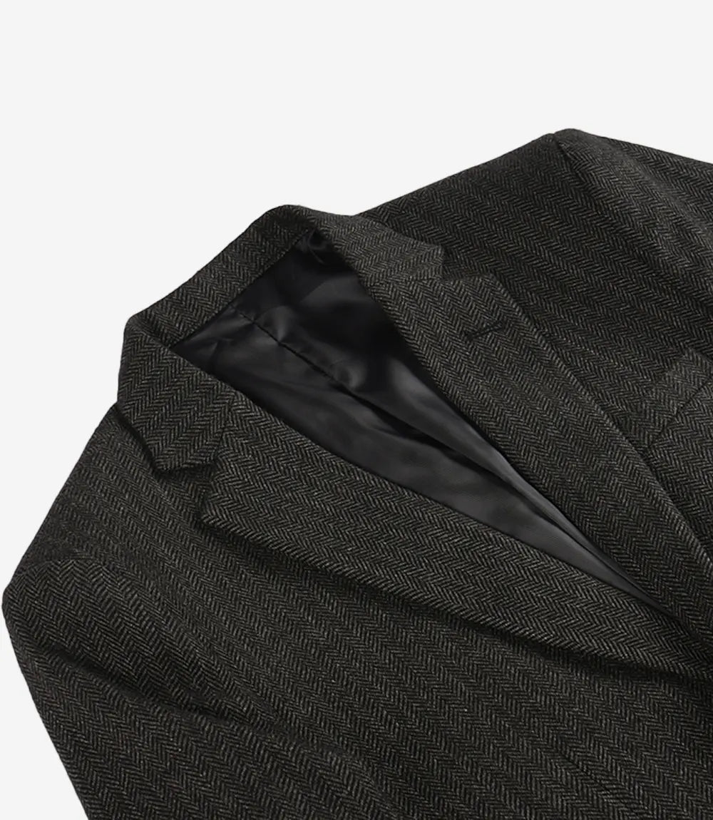 Womens Black Double Breasted Herringbone Wool Blend Blazer