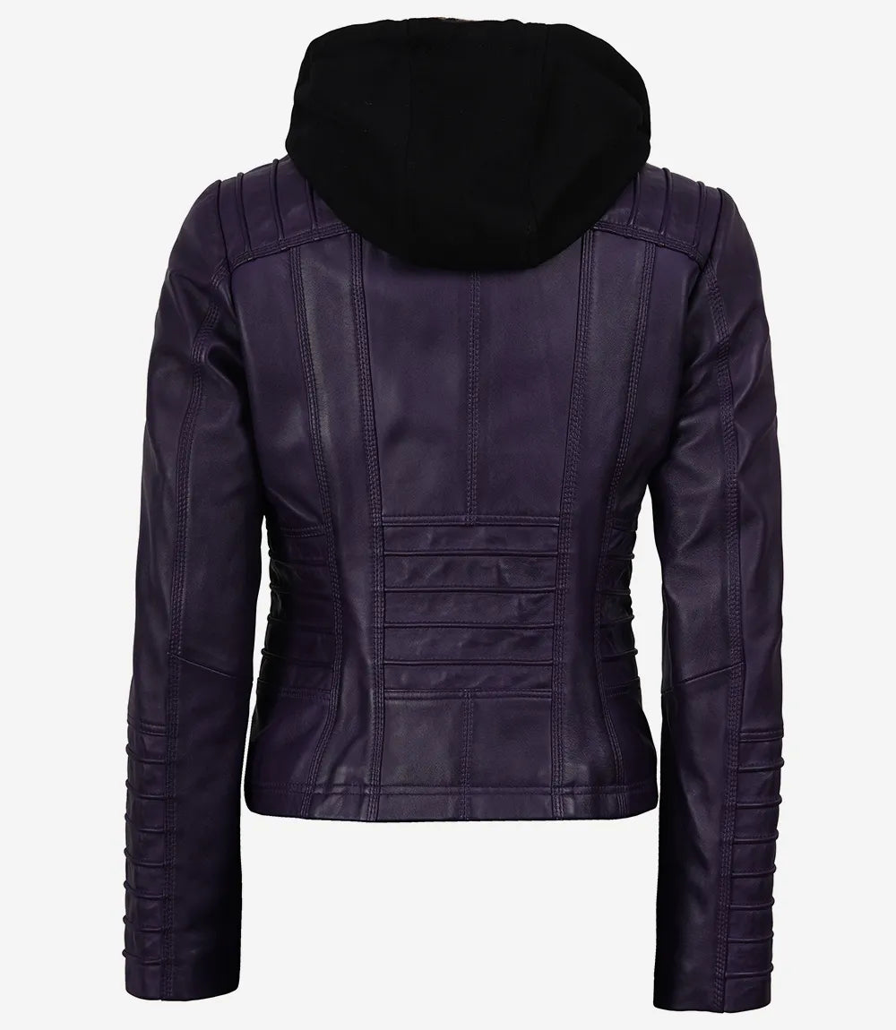 Women's Purple Real Leather Biker Jacket – Removable Hood