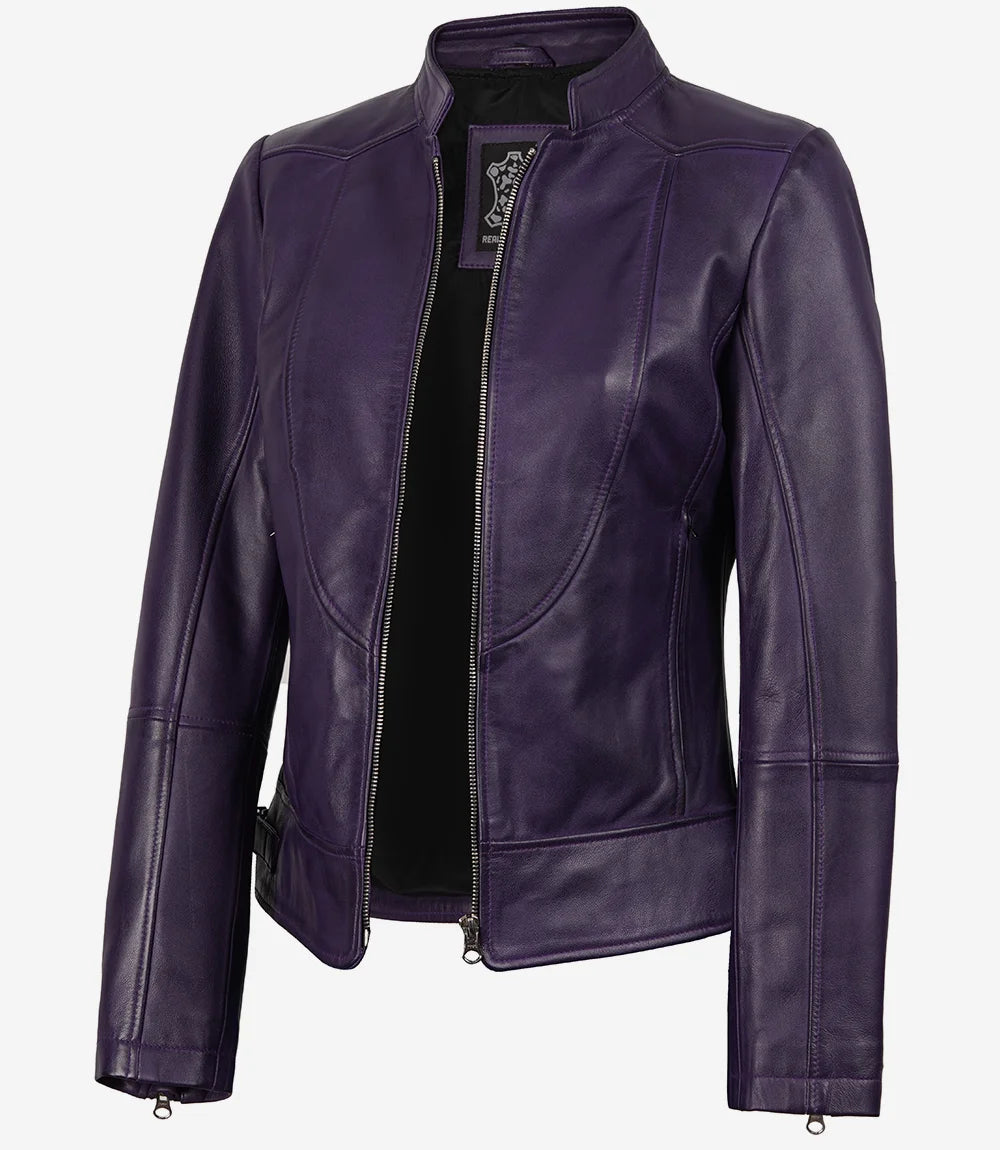 Veste en cuir style motard violette pour femme, coupe moderne