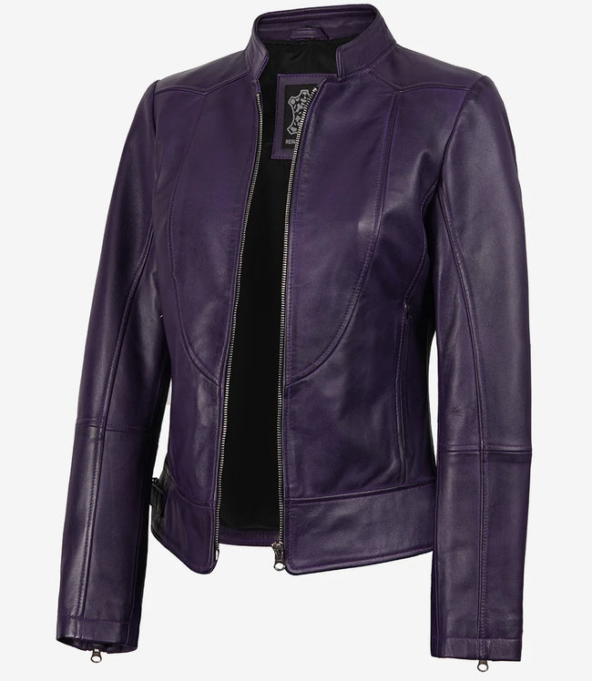 Veste en cuir style motard violette pour femme, coupe moderne