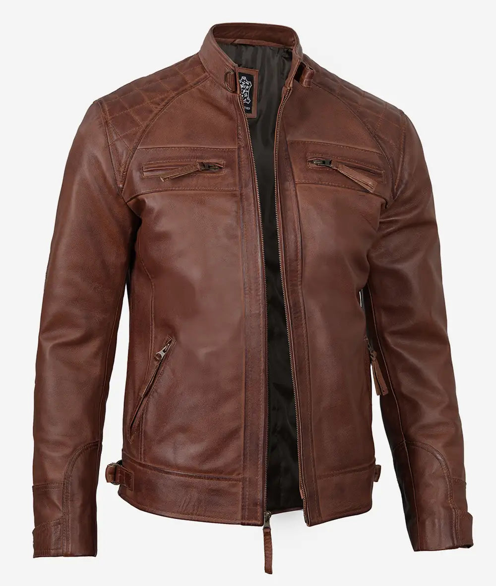 Veste en cuir matelassée style motard marron cognac pour homme