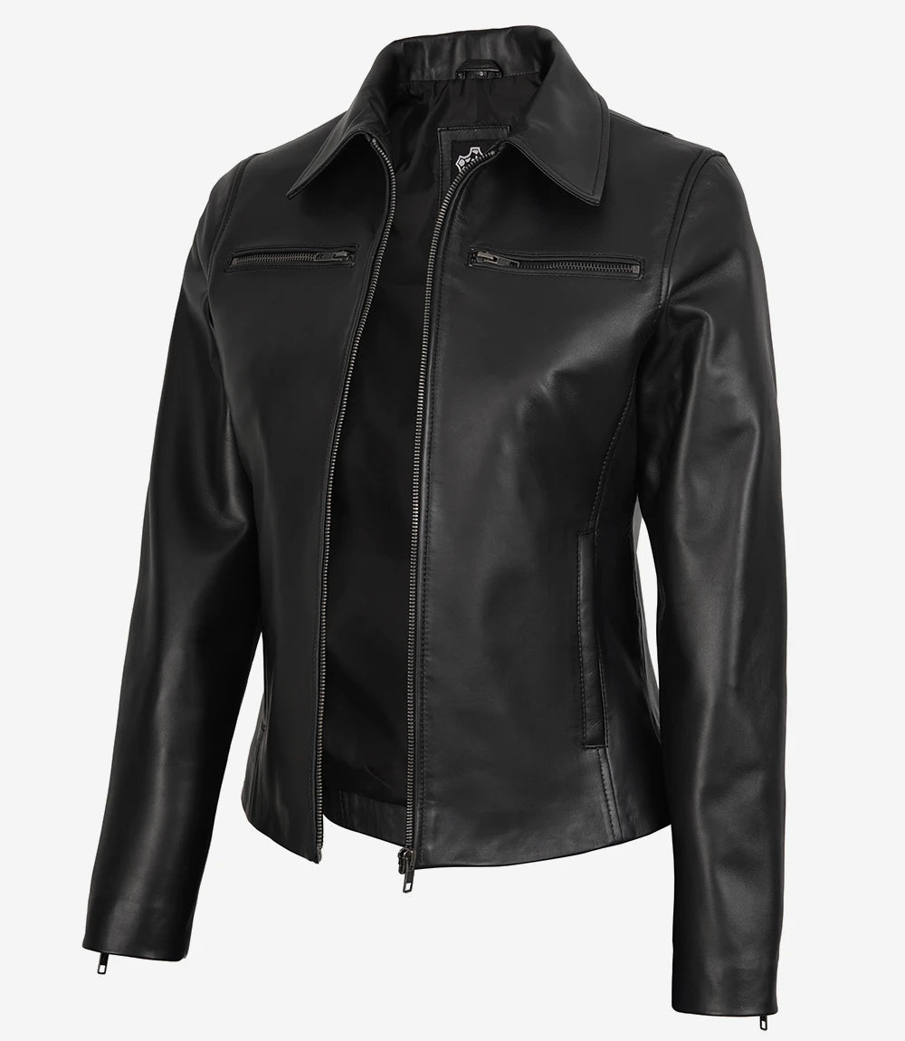 Womens Real Leather Black Harrington Jacket