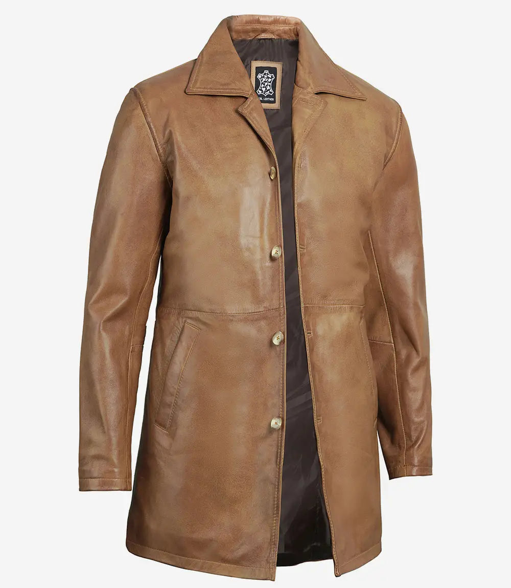 Mens Tall Camel Brown 3 4 Length Leather Coat