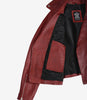Veste en cuir asymétrique rouge style motard pour femme avec ceinture