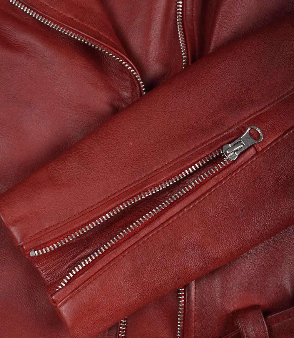 Veste en cuir asymétrique rouge style motard pour femme avec ceinture