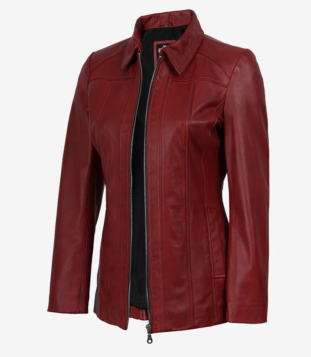 Marsha Women’s Red Leather Walking Coat – Shirt Collar
